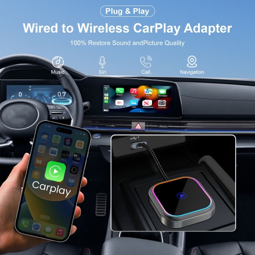 Adaptateur CarPlay sans fil 2-en-1 pour iPhone et Android, éclairage réactif audio, clé CarPlay d'Apple et adaptateur pour l'auto Android, taille