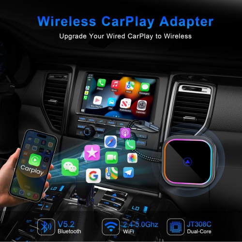Adaptateur CarPlay sans fil 2-en-1 pour iPhone et Android, éclairage réactif audio, clé CarPlay d'Apple et adaptateur pour l'auto Android, taille