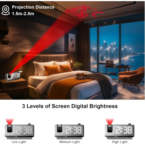 Réveille-matin à projection, horloge numérique avec projecteur 180°, grand écran LED de 7&nbsp;po, affichage de la température et de l'humidité, deux
