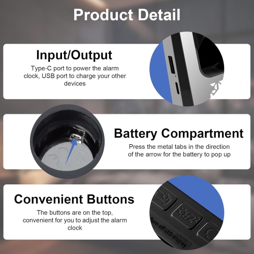 Réveille-matin à projection, horloge numérique avec projecteur 180°, grand écran LED de 7&nbsp;po, affichage de la température et de l'humidité, deux