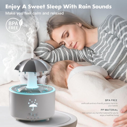 Umbrella Humidifier, Essential Oil Diffuser with Soothing Raindrop Sound, Water Drop Effect, 7 Color Ambient Light, Remote Control, Timer and Auto