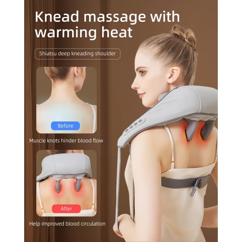 Trapezius Hot Compress Massager Shoulder and Neck Massage Electric Kneading Back Massage - Beige Brown Edge Red [Infrared Hot Compress + Three Modes
