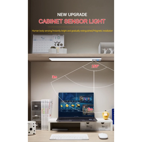 Human body induction lamp, long-lasting magnetic bookcase wardrobe wireless induction touch night light, LED cabinet light rechargeable-30CM