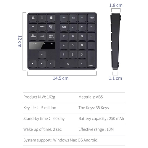 2.4Ghz Wireless 35 Keys Rechargeable battery Numeric Keypad Keyboard_Black