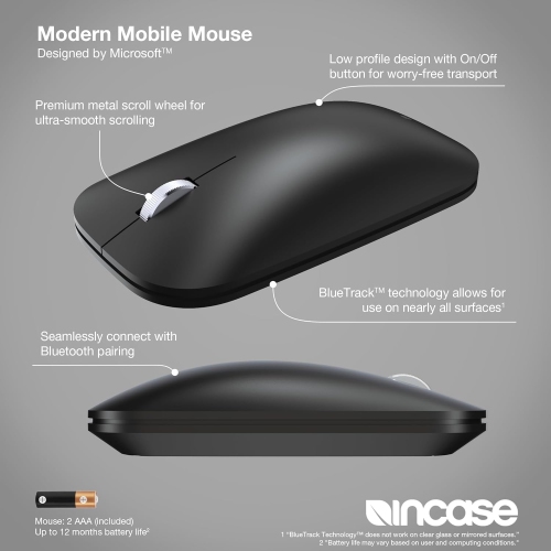 Incase Modern Mobile Mouse – Designed by Microsoft – Lightweight, Precision Navigation, Right/Left Hand Use, BlueTrack Technology, Wireless Bluetooth