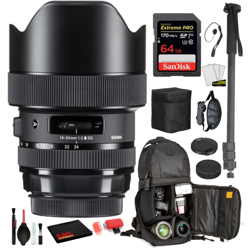 Sigma 14-24mm f/2.8 DG HSM Art Lens for Nikon F with Bundle: Sandisk extreme Pro 64gb SD Card, Sling Backpack + More