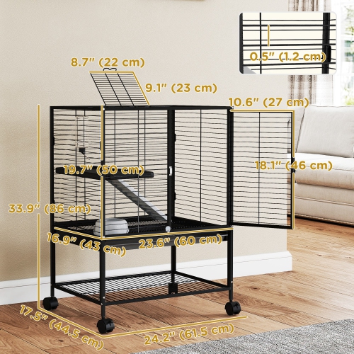 PawHut – Cage quinchilla avec roulettes pour rat, chaton avec tablette de rangement inférieure, plateau amovible, rampe, 24 x 18 x 34 po, noir