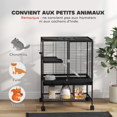 PawHut – Cage quinchilla avec roulettes pour rat, chaton avec tablette de rangement inférieure, plateau amovible, rampe, 24 x 18 x 34 po, noir