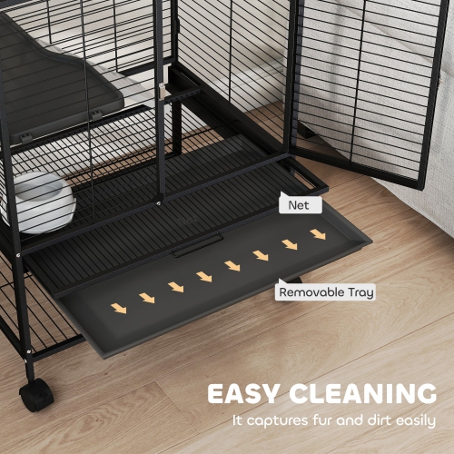 PawHut – Cage quinchilla avec roulettes pour rat, chaton avec tablette de rangement inférieure, plateau amovible, rampe, 24 x 18 x 34 po, noir