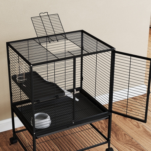 PawHut – Cage quinchilla avec roulettes pour rat, chaton avec tablette de rangement inférieure, plateau amovible, rampe, 24 x 18 x 34 po, noir