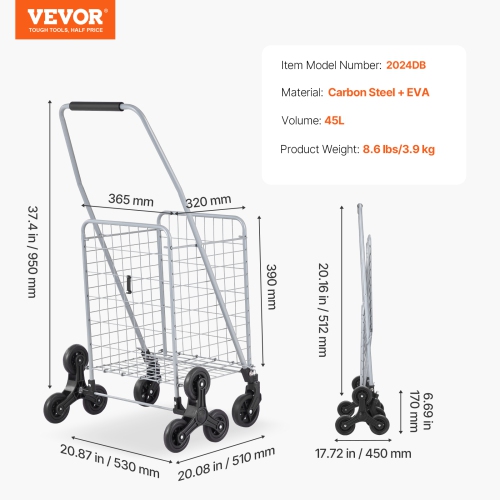VEVOR 45L Grocery Shopping Cart, Stair Climbing Shopping Cart with 360° Rolling Wheels, Utility Cart with Tri-Wheels, Foldable Collapsible &