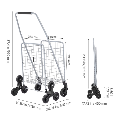 VEVOR 45L Grocery Shopping Cart, Stair Climbing Shopping Cart with 360° Rolling Wheels, Utility Cart with Tri-Wheels, Foldable Collapsible &
