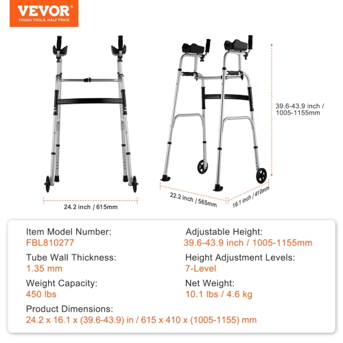 VEVOR 2 in 1 Folding Walker & Removable Armrests, Height Adjustable Walker with 5" Solid Wheels, Lightweight Aluminum | Front Wheeled Mobility Aid