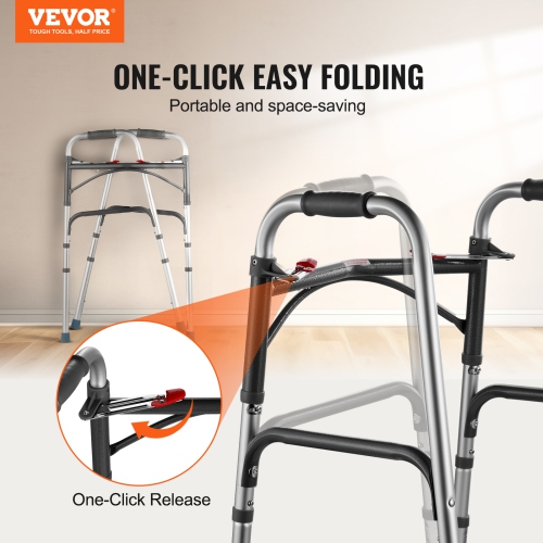 VEVOR 2-Button Folding Walker, with 8-Level Adjustable Height and Durable Handles, Lightweight Aluminum Mobility Walker Aid for Elderly Handicapped