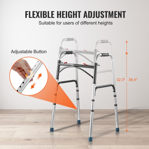 VEVOR 2-Button Folding Walker, with 8-Level Adjustable Height and Durable Handles, Lightweight Aluminum Mobility Walker Aid for Elderly Handicapped