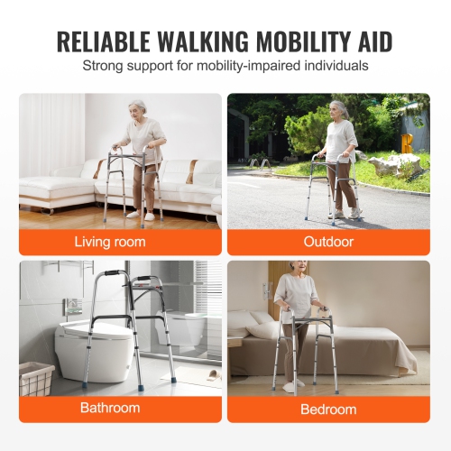 VEVOR 2-Button Folding Walker, with 8-Level Adjustable Height and Durable Handles, Lightweight Aluminum Mobility Walker Aid for Elderly Handicapped
