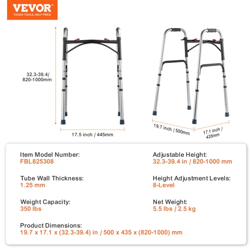 VEVOR 2-Button Folding Walker, with 8-Level Adjustable Height and Durable Handles, Lightweight Aluminum Mobility Walker Aid for Elderly Handicapped