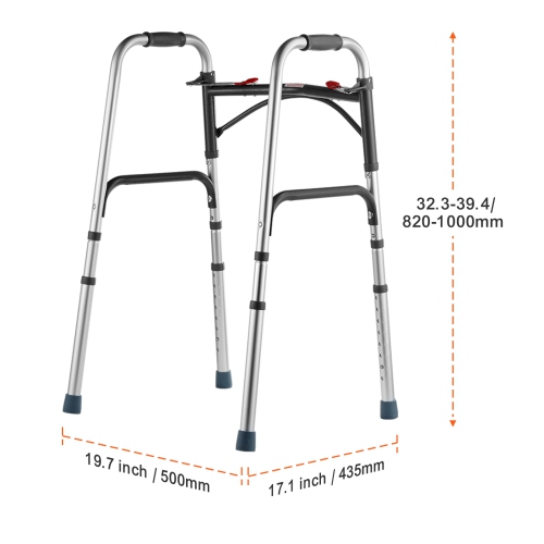 VEVOR 2-Button Folding Walker, with 8-Level Adjustable Height and Durable Handles, Lightweight Aluminum Mobility Walker Aid for Elderly Handicapped
