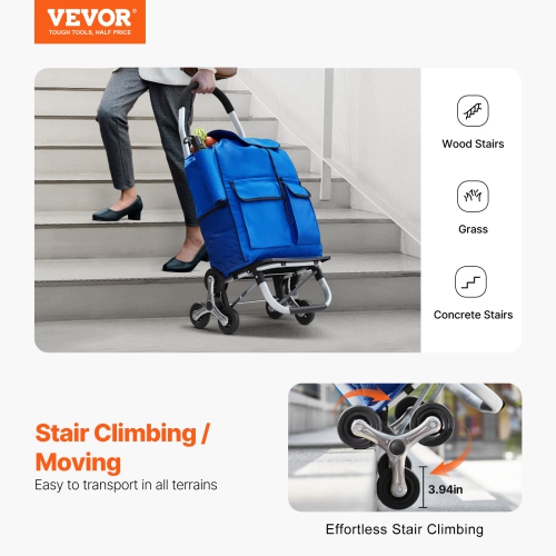 VEVOR 36L Stair Climber Trolley Dolly, Folding Shopping Cart, Grocery Cart Trolley Laundry Stair Climbing Handcart with 6 Wheels & Oxford Cloth Bag,