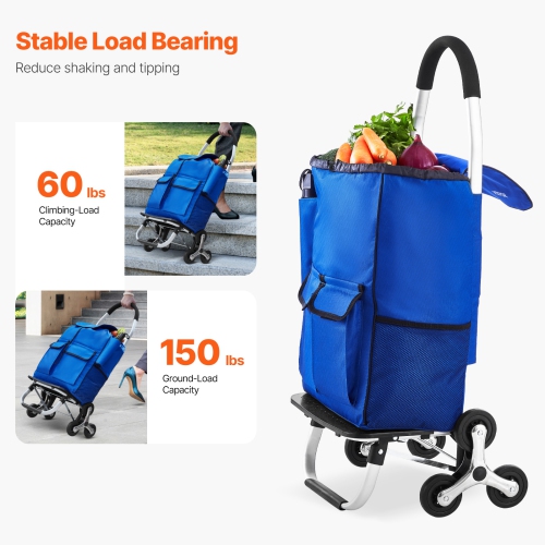 VEVOR 36L Stair Climber Trolley Dolly, Folding Shopping Cart, Grocery Cart Trolley Laundry Stair Climbing Handcart with 6 Wheels & Oxford Cloth Bag,