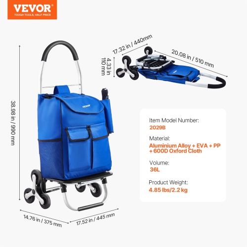 VEVOR 36L Stair Climber Trolley Dolly, Folding Shopping Cart, Grocery Cart Trolley Laundry Stair Climbing Handcart with 6 Wheels & Oxford Cloth Bag,