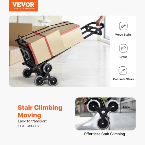 VEVOR 460lbs Capacity Stair Climbing Cart, Stair Climber Hand Truck and Dolly, Heavy-Duty Folding Trolley Cart with Two Handle, 6 Wheels & 2 Elastic