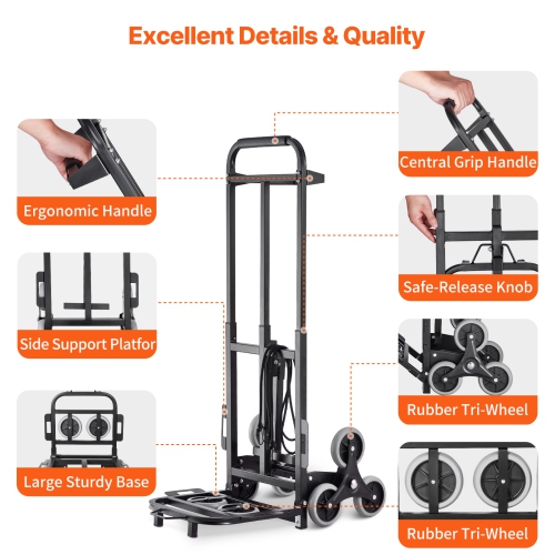 VEVOR 460lbs Capacity Stair Climbing Cart, Stair Climber Hand Truck and Dolly, Heavy-Duty Folding Trolley Cart with Two Handle, 6 Wheels & 2 Elastic