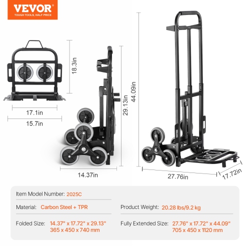 VEVOR 460lbs Capacity Stair Climbing Cart, Stair Climber Hand Truck and Dolly, Heavy-Duty Folding Trolley Cart with Two Handle, 6 Wheels & 2 Elastic
