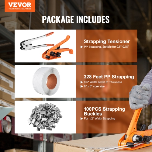 VEVOR 328ft Length PP Banding Strapping Kit with Strapping Tensioner Tool, Banding Sealer Tool, 100 Metal Seals, Pallet Packaging Strapping Banding