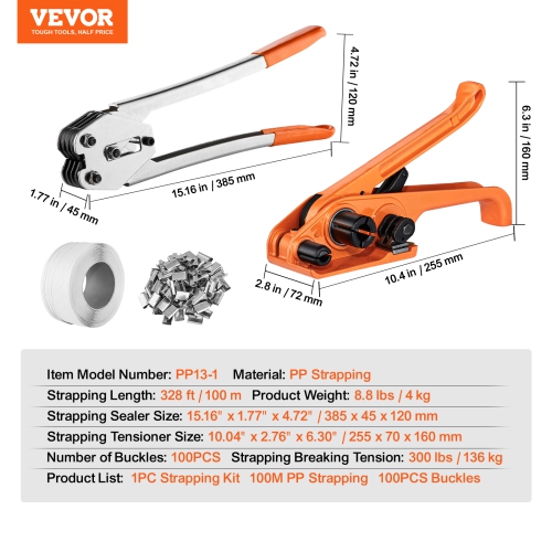 VEVOR 328ft Length PP Banding Strapping Kit with Strapping Tensioner Tool, Banding Sealer Tool, 100 Metal Seals, Pallet Packaging Strapping Banding