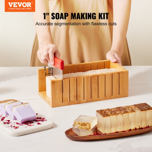 VEVOR Soap Making Kit, Bamboo Cutting Box and Inner Box with Silicone Mold, Stainless Steel Straight & Wavy Cutter, 100 Bags and 105 Stickers, Soap