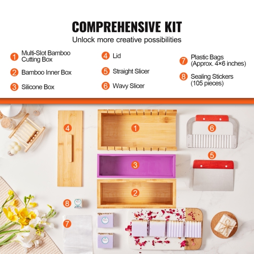 VEVOR Soap Making Kit, Bamboo Cutting Box and Inner Box with Silicone Mold, Stainless Steel Straight & Wavy Cutter, 100 Bags and 105 Stickers, Soap