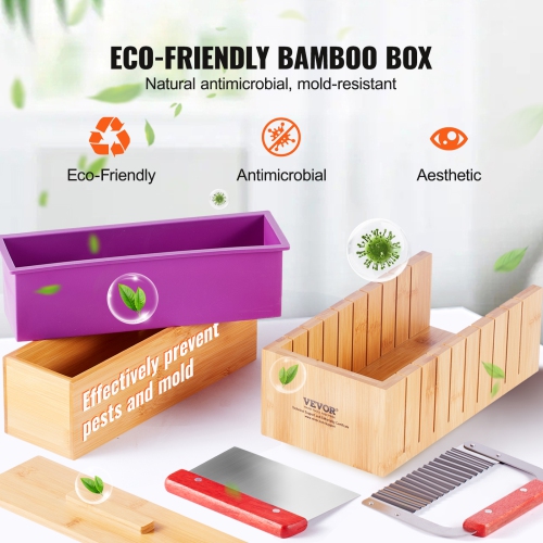 VEVOR Soap Making Kit, Bamboo Cutting Box and Inner Box with Silicone Mold, Stainless Steel Straight & Wavy Cutter, 100 Bags and 105 Stickers, Soap