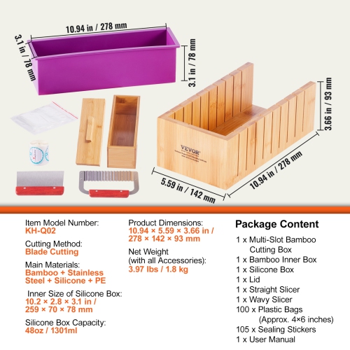 VEVOR Soap Making Kit, Bamboo Cutting Box and Inner Box with Silicone Mold, Stainless Steel Straight & Wavy Cutter, 100 Bags and 105 Stickers, Soap