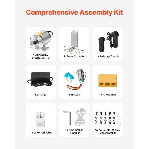 VEVOR 500W Electric Brushless DC Motor Kit - 36V 3000rpm Motor with Upgraded Speed Controller, Throttle Grip Kit for Go Karts E-Bike Motorcycle