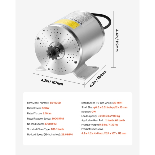 VEVOR 500W Electric Brushless DC Motor Kit - 36V 3000rpm Motor with Upgraded Speed Controller, Throttle Grip Kit for Go Karts E-Bike Motorcycle