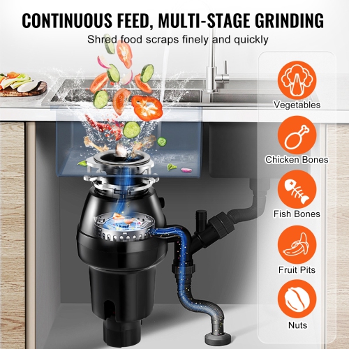 VEVOR 1/2 HP Garbage Disposal, 3450RPM Continuous Feed Food Waste Disposer, 3-Bolt Mount Food Waste Grinding System with Sound Reduction, Power