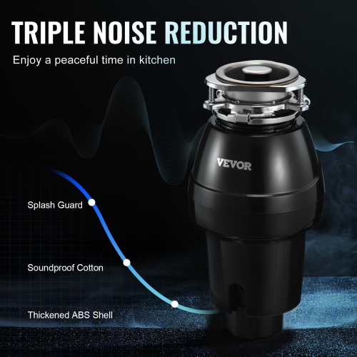 VEVOR 1/2 HP Garbage Disposal, 3450RPM Continuous Feed Food Waste Disposer, 3-Bolt Mount Food Waste Grinding System with Sound Reduction, Power