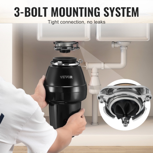 VEVOR 1/2 HP Garbage Disposal, 3450RPM Continuous Feed Food Waste Disposer, 3-Bolt Mount Food Waste Grinding System with Sound Reduction, Power