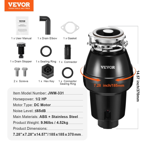 VEVOR 1/2 HP Garbage Disposal, 3450RPM Continuous Feed Food Waste Disposer, 3-Bolt Mount Food Waste Grinding System with Sound Reduction, Power