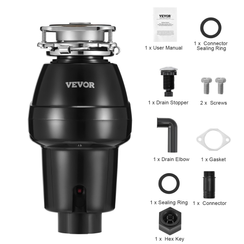 VEVOR 1/2 HP Garbage Disposal, 3450RPM Continuous Feed Food Waste Disposer, 3-Bolt Mount Food Waste Grinding System with Sound Reduction, Power
