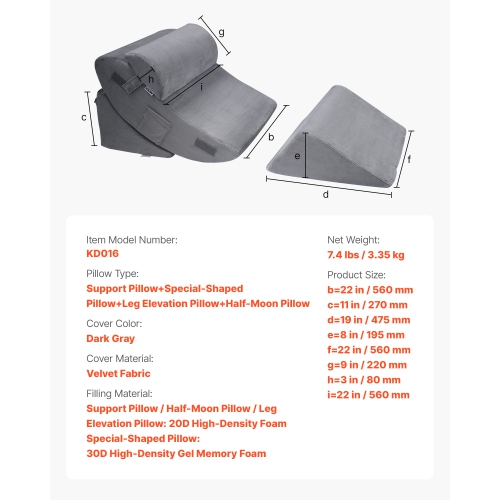 VEVOR 4 Pcs Wedge Pillow for Sleeping, Adjustable Orthopedic Bed Wedge Set, Support Leg Neck Shoulder, Post Surgery Pillow for Back Pain, Acid