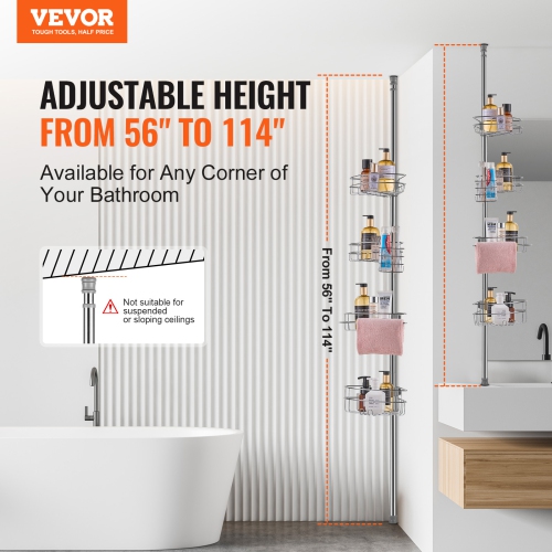 VEVOR 56" to 114" Shower Corner Caddy Tension Pole, Multi-Functional Shower Tension Pole with Strong Load-Bearing Tray, Rust-Proof Easy-to-Install