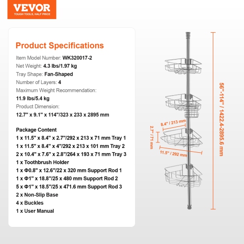 VEVOR 56" to 114" Shower Corner Caddy Tension Pole, Multi-Functional Shower Tension Pole with Strong Load-Bearing Tray, Rust-Proof Easy-to-Install
