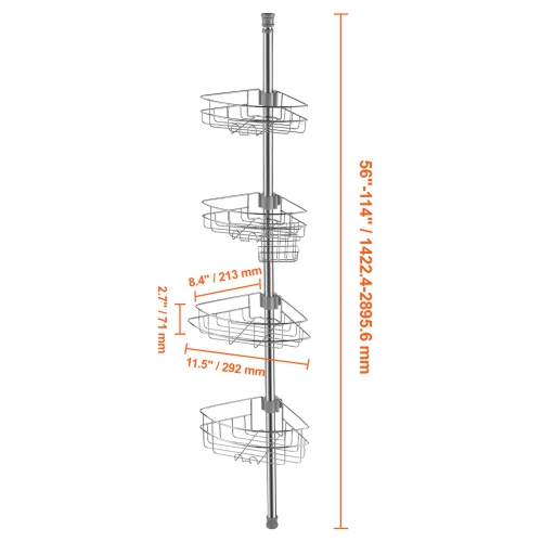 VEVOR 56" to 114" Shower Corner Caddy Tension Pole, Multi-Functional Shower Tension Pole with Strong Load-Bearing Tray, Rust-Proof Easy-to-Install