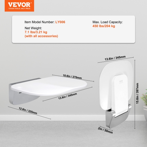 VEVOR 13.6'' x 12.8'' Urea-formaldehyde Folding Shower Seat, Wall Mounted Fold Up Shower Bench with 450 lbs Load Capacity, Space Saving Fold Down