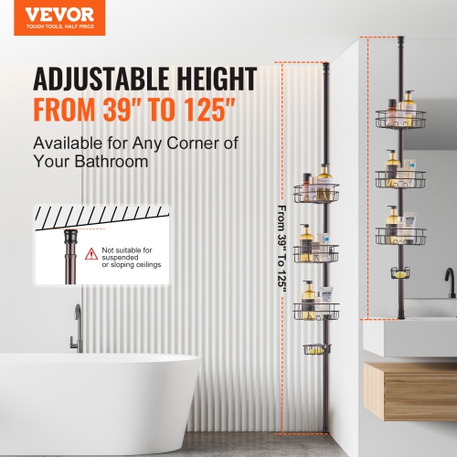 VEVOR 39" to 125" Shower Corner Caddy Tension Pole, Multi-Functional Shower Tension Pole with Strong Load-Bearing Tray, Rust-Proof Easy-to-Install