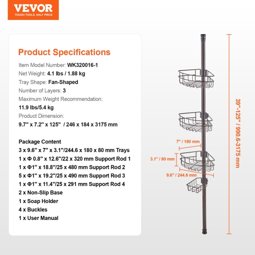 VEVOR 39" to 125" Shower Corner Caddy Tension Pole, Multi-Functional Shower Tension Pole with Strong Load-Bearing Tray, Rust-Proof Easy-to-Install
