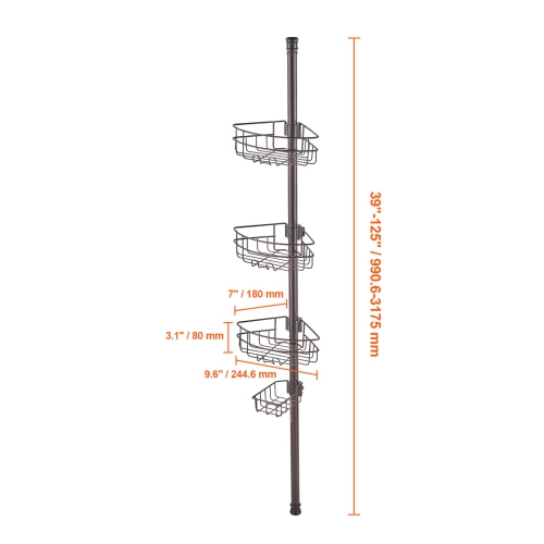 VEVOR 39" to 125" Shower Corner Caddy Tension Pole, Multi-Functional Shower Tension Pole with Strong Load-Bearing Tray, Rust-Proof Easy-to-Install