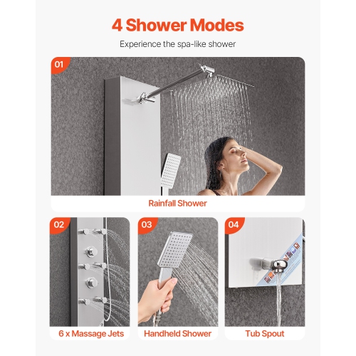 VEVOR 49 in Shower Panel Tower System with Rainfall Shower Head, LED, Brushed Stainless Steel Shower Column, 4-Function Faucet, Wall-Mount Rain
